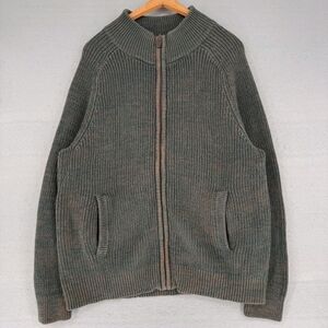 L.L.Bean Sweater Mens Large Green Full Zip Cotton Chunky Knit Fisherman Ribbed